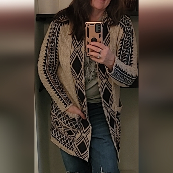 Lucky Brand Aztec boho tribal print open front cardigan, sz LG/XL *pockets! - Picture 4 of 8